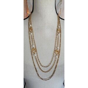 Vintage Three Strand Layered Faux Pearl Gold Knot Station Chain Necklace